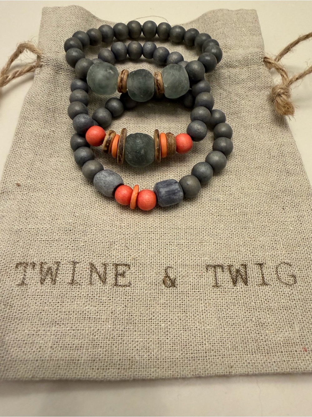 Twine & Twig Trio Beaded Bracelet Stack - Gray with Coral Accents